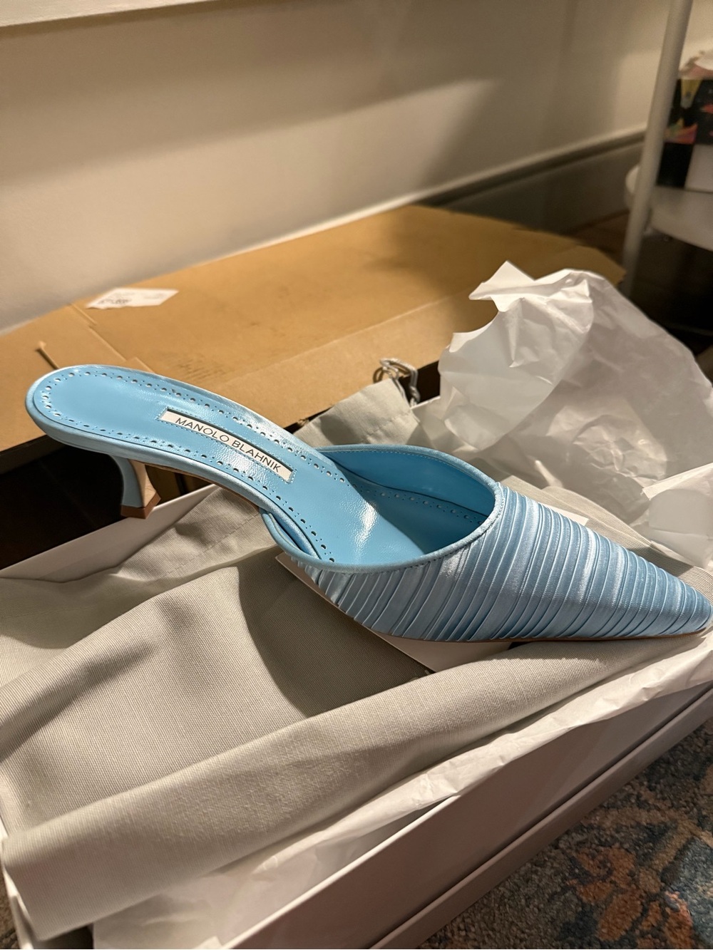 Manolo Blahnik Baby Blue Satin Pointed Mule